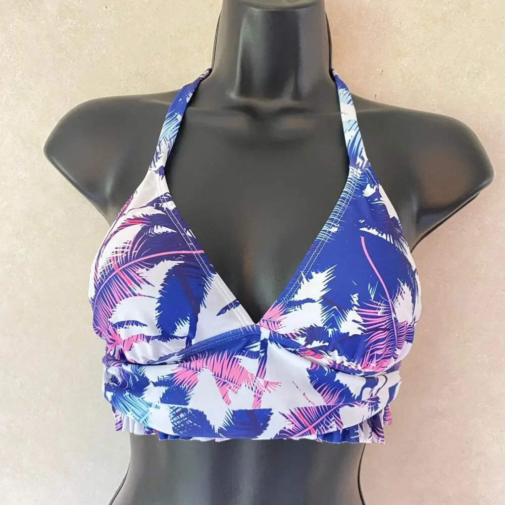 Palm‎ Tree Print Bralette Swim Top High Waisted Swimsuit, White Blue, Small